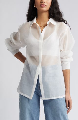 Open Edit + Sheer Button-Up Shirt