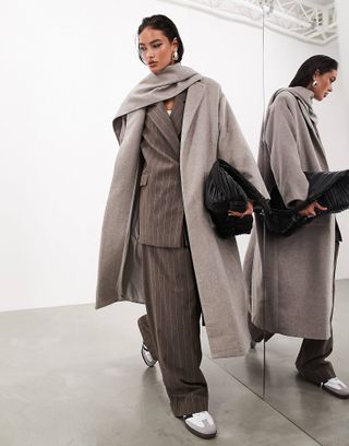 ASOS + Maxi Wool Mix Scarf Coat With Pockets in Taupe