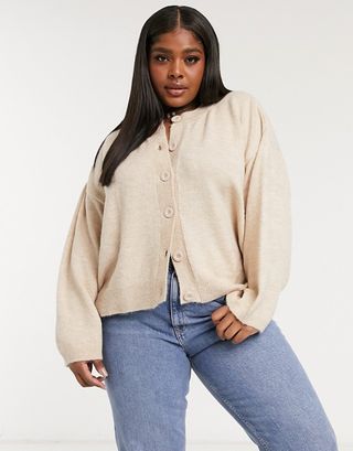 ASOS + Curve Fluffy Cardigan With Crew Neck in Oatmeal