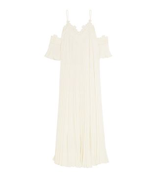 Self-Portrait + Off-the-Shoulder Pleated Guipure Lace-Trimmed Chiffon Gown