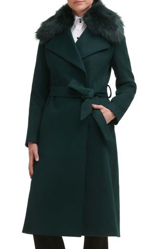 Karl Lagerfeld Paris + Belted Wool Blend Coat With Faux Fur Trim