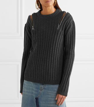 Moschino + Zip-Embellished Ribbed-Knit Sweater
