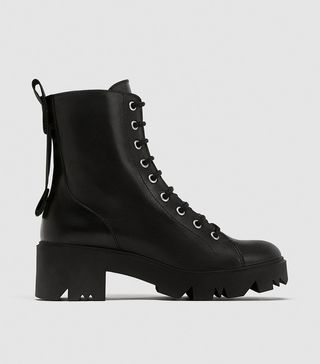 Zara + Flat Leather Ankle Boots With Slogan