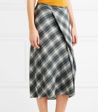 Vince + Shadow Wrap-Effect Plaid Silk Midi Skirt