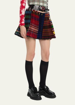 Chopova Lowena + Carabiner Spliced Plaid-Print Belted Mini Wool Skirt