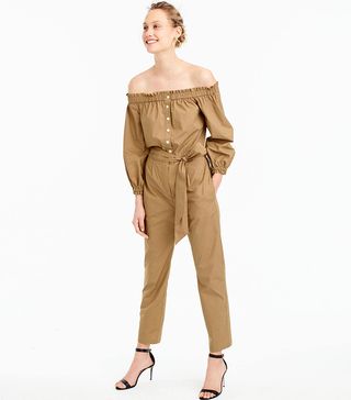 J.Crew + Off-the-Shoulder Khaki Jumpsuit