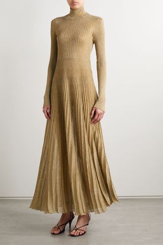 Khaite + Jupiter Pleated Metallic Knitted Maxi Dress