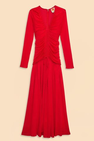 Farm Rio + Red V Neckline Long Sleeve Midi Dress