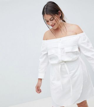 ASOS Curve + Off Shoulder Linen Mini Dress With Belt Detail