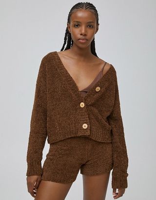 Pull&Bear + Soft Touch Lounge Set Cardigan in Mocha