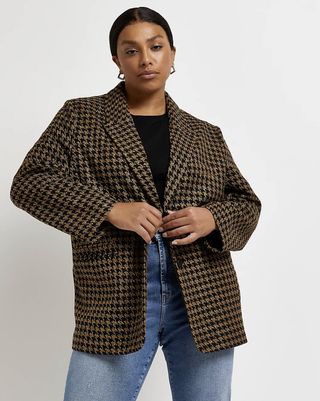 River Island + Brown Dogtooth Boucle Oversized Blazer