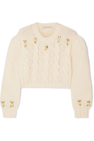 Alessandra Rich + Cropped Embroidered Cable-Knit Alpaca-Blend Sweater