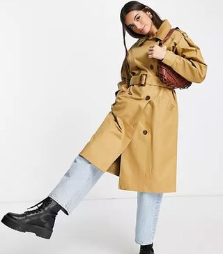 Miss Selfridge + Balloon Sleeve Longline Trench Coat in Camel