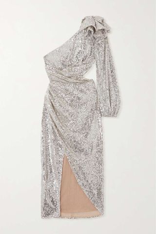Patbo + One-Shoulder Cut-Out Sequined Satin Midi Dress