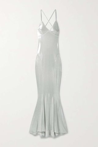 Norma Kamali + Open-Back Stretch-Lamé Gown