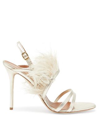 Malone Souliers + Sonia Feather-Trimmed Metallic-Leather Sandals