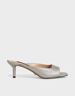 Charles & Keith + Silver Metallic Leather Gem-Embellished Mules