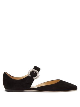 Jimmy Choo + Gin Crystal-Embellished Mary-Jane Suede Flats