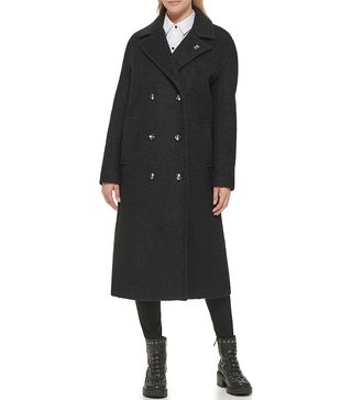 Karl Lagerfeld Paris + Double Breasted Long Wool Blend Coat