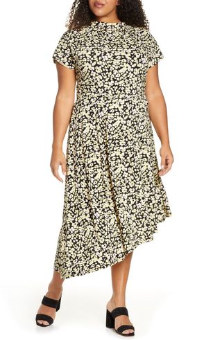 Eloquii + Floral Asymmetrical Hem Stretch Jersey Midi Dress