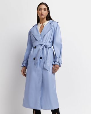River Island + Blue Faux Leather Oversized Trench Coat