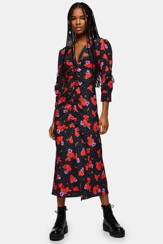 Topshop + Floral Print V Neck Ruched Midi Dress