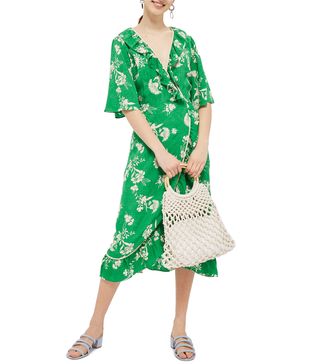 Topshop + Leaf Print Ruffle Wrap Dress