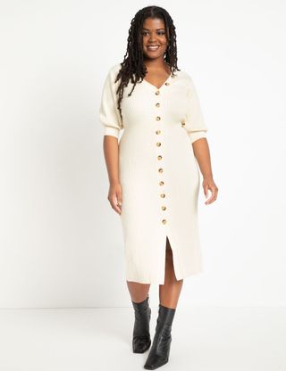 Eloquii + Ribbed Dress with Button Detail