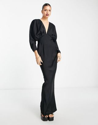 ASOS Design + Satin Pleated Plunge Maxi Dress With Open Back