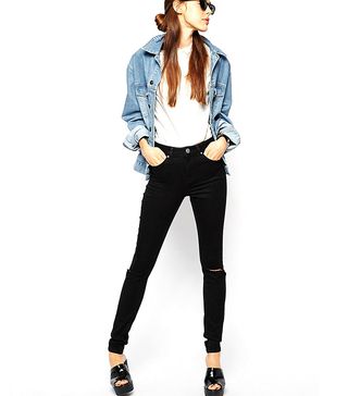 ASOS + Ridley High Waist Ultra Skinny Jeans In Clean Black With Busted Knees