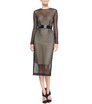 Monique Lhuillier + Long-Sleeve Net Lace Midi Cocktail Dress