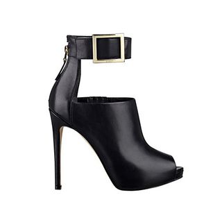 Shilvy Peep-Toe Cutout Booties in Black Leather