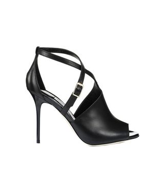 Jimmy Choo + Leigh Black Nappa and Patent Leather Peep Toe Sandals