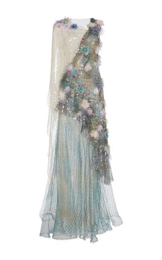 Rodarte + Hand Painted Net Gown With Hand Embroidered Feather Lace, Iridescent Sequins, and Swarovski Crystals