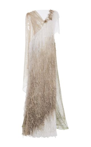 Rodarte + Hand Painted Net Gown With Embroidered Silk Tulle Fringe and Swarovski Crystals