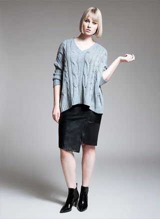 Eloquii + Lattice Back Cable Sweater in Grey and Faux Leather and Ponte Pencil Skirt in Black