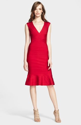 Herve Leger + V-Neck Flared Hem Bandage Dress