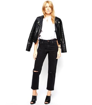 ASOS + Asos Thea Girlfriend Jeans in Washed Black with Ripped Knees