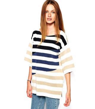 Lacoste + Roll Sleeve Boat Neck Striped Sweater