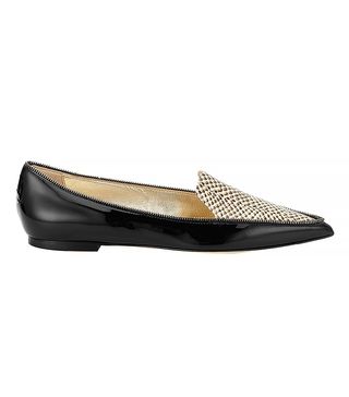 Jimmy Choo + Black Patent and Snakeprint Leather Pointy Toe Flats