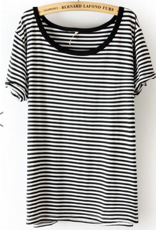 SheInside + Black White Striped Short Sleeve Slim T-Shirt