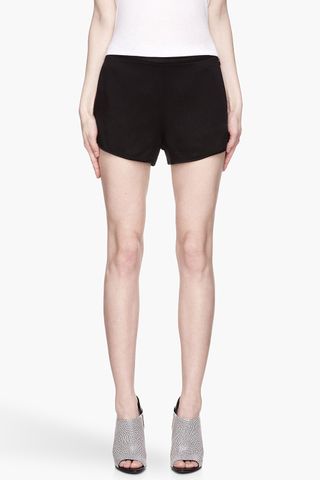 T by Alexander Wang + Black Glossy Crepe Piped Waistband Tap Shorts