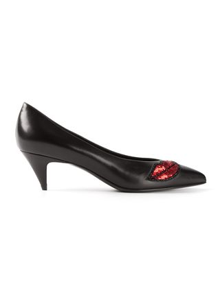 Louis Vuitton + Black Leather Pointed Toe Red Lips Detail Kitten Pumps
