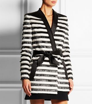 Balmain + Satin-Trimmed Striped Raffia Jacket