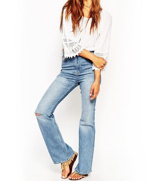 ASOS + Farleigh Flare Jeans in Vintage Wash With Ripped Knee