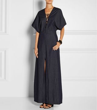 Tamara Mellon + Lace-Up Stretch-Denim Maxi Dress