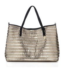 Botkier + Botkier Wanderlust Gold and Silver Woven Tote with Black Leather Trim