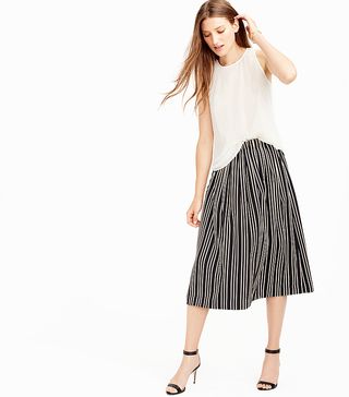 J.Crew + Striped Pleated Midi Skirt, Black/Champagne