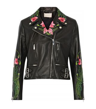 Christopher Kane + Floral-Embroidered Leather Biker Jacket