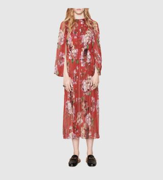 Gucci + Blooms Print Silk Plissé Dress